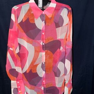 🔥 PrettyLittleThing Pink Abstract Sheer Dress Blouse – Size L (NWT)